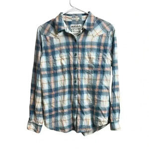 Ariat REAL Women's Small Plaid Long Sleeve Button Up Shirt Blue Pink Relaxed Fit